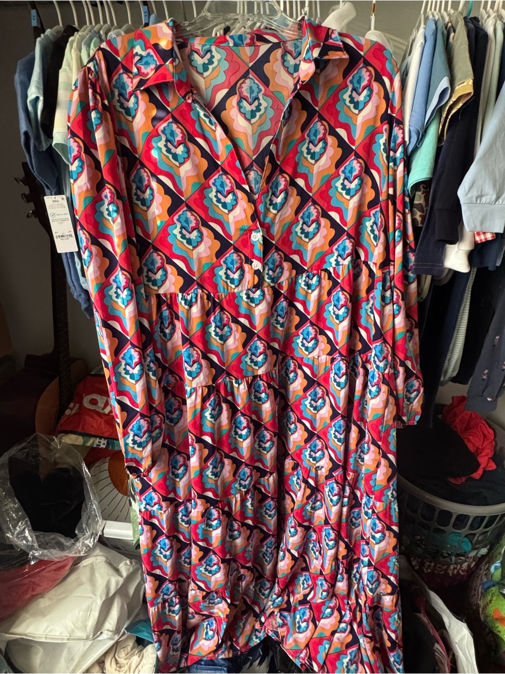 Bold Geo-Print Long Sleeve Tiered Dress in Multicolor
